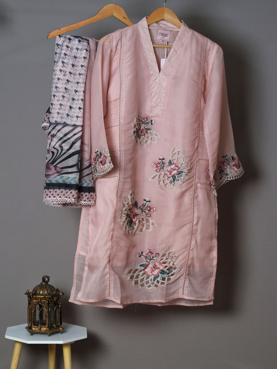 Pink Chikan Kari Work With Chiffon Dupatta